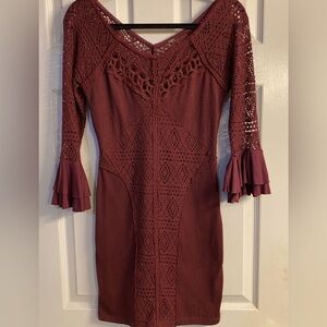 Free People Maroon Crochet Long Bell Sleeve Dress XS